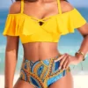 Ruffle Mid Waisted Paisley Print Yellow Bikini Set