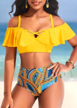 Ruffle Mid Waisted Paisley Print Yellow Bikini Set