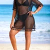 Mesh Black Tassel Round Neck Cover Up