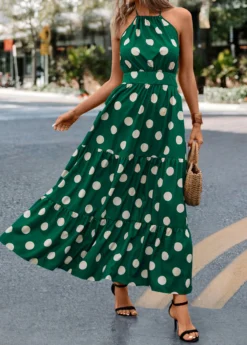 Green Tie Polka Dot Strappy Halter Maxi Dress -Elegance Swimwear Store 322703 P 16756519180975