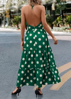 Green Tie Polka Dot Strappy Halter Maxi Dress -Elegance Swimwear Store 322703 P 16756519182041