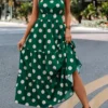 Green Tie Polka Dot Strappy Halter Maxi Dress