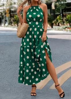 Green Tie Polka Dot Strappy Halter Maxi Dress -Elegance Swimwear Store 322703 P 16756519187794