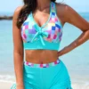 Cyan Criss Cross Mid Waisted Geometric Print Bikini Set