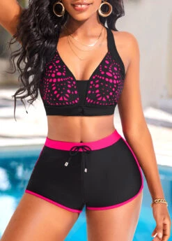 Hollow Criss Cross Hot Pink Bikini Set