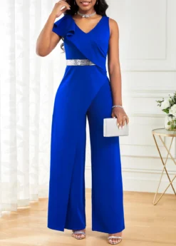 Royal Blue Sequin Long Sleeveless V Neck Jumpsuit -Elegance Swimwear Store 322788 P 16760254496793