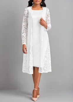 White Lace Two Piece Suit Long Sleeve Dress -Elegance Swimwear Store 322810 P 16769764561605