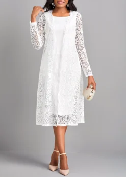 White Lace Two Piece Suit Long Sleeve Dress -Elegance Swimwear Store 322810 P 16769764562614