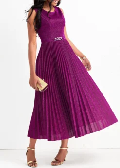 Dark Reddish Purple Pleated Shinning Sleeveless Round Neck Dress 8 Dark Reddish Purple Pleated Shinning Sleeveless Round Neck Dress -Elegance Swimwear Store 322811 P 16789498630582