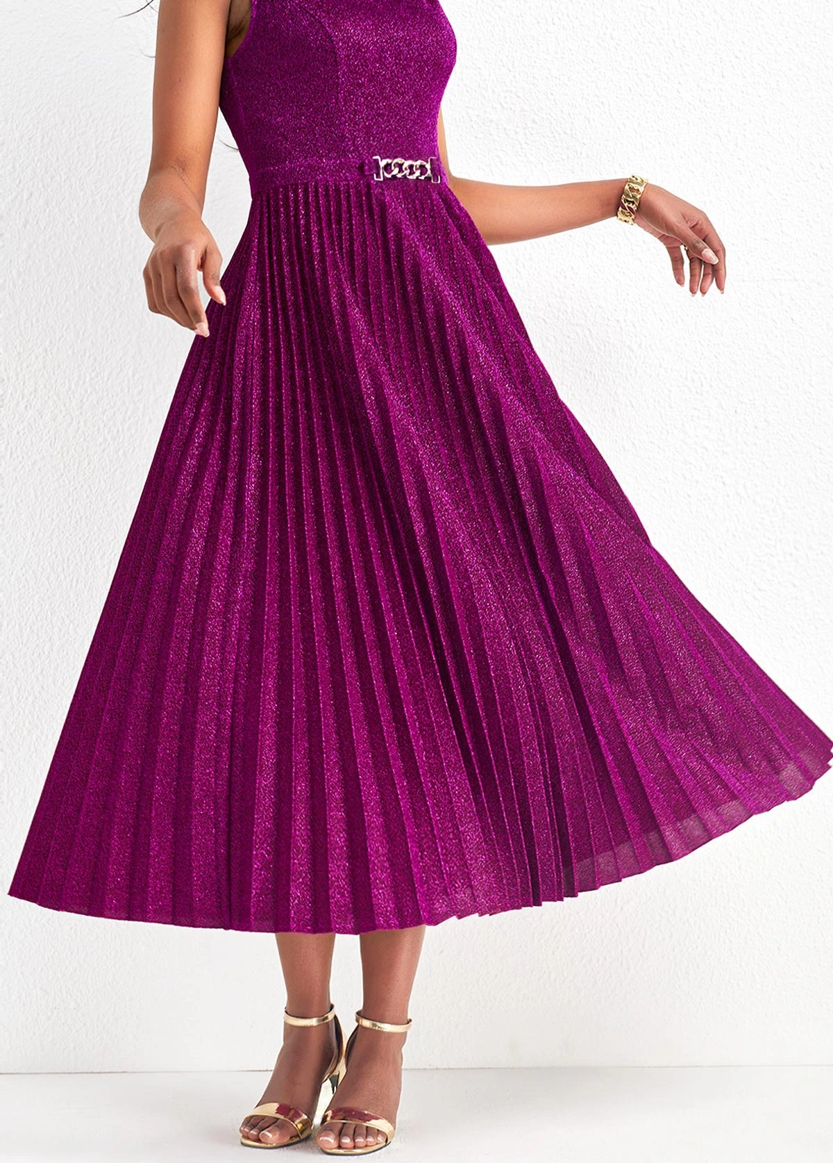 Dark Reddish Purple Pleated Shinning Sleeveless Round Neck Dress 5 Dark Reddish Purple Pleated Shinning Sleeveless Round Neck Dress - Image 5
