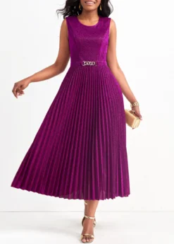 Dark Reddish Purple Pleated Shinning Sleeveless Round Neck Dress 9 Dark Reddish Purple Pleated Shinning Sleeveless Round Neck Dress -Elegance Swimwear Store 322811 P 16789498637393
