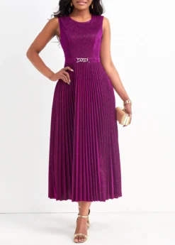 Dark Reddish Purple Pleated Shinning Sleeveless Round Neck Dress