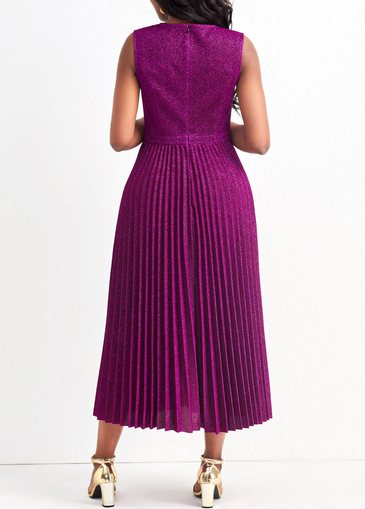 Dark Reddish Purple Pleated Shinning Sleeveless Round Neck Dress 2 Dark Reddish Purple Pleated Shinning Sleeveless Round Neck Dress - Image 2