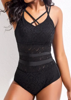 Lace Criss Cross Patchwork Black One Piece Swimwear -Elegance Swimwear Store 322898 P 16781924421703