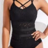 Lace Criss Cross Patchwork Black One Piece Swimwear