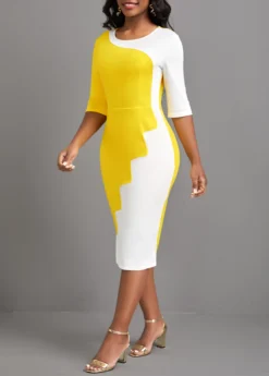 Yellow Patchwork Half Sleeve Round Neck Bodycon Dress -Elegance Swimwear Store 323071 P 16760254150192
