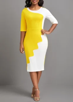 Yellow Patchwork Half Sleeve Round Neck Bodycon Dress -Elegance Swimwear Store 323071 P 16760254156093