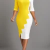 Yellow Patchwork Half Sleeve Round Neck Bodycon Dress