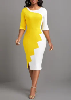 Yellow Patchwork Half Sleeve Round Neck Bodycon Dress