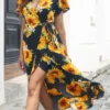 Black Surplice Floral Print Short Sleeve Dress