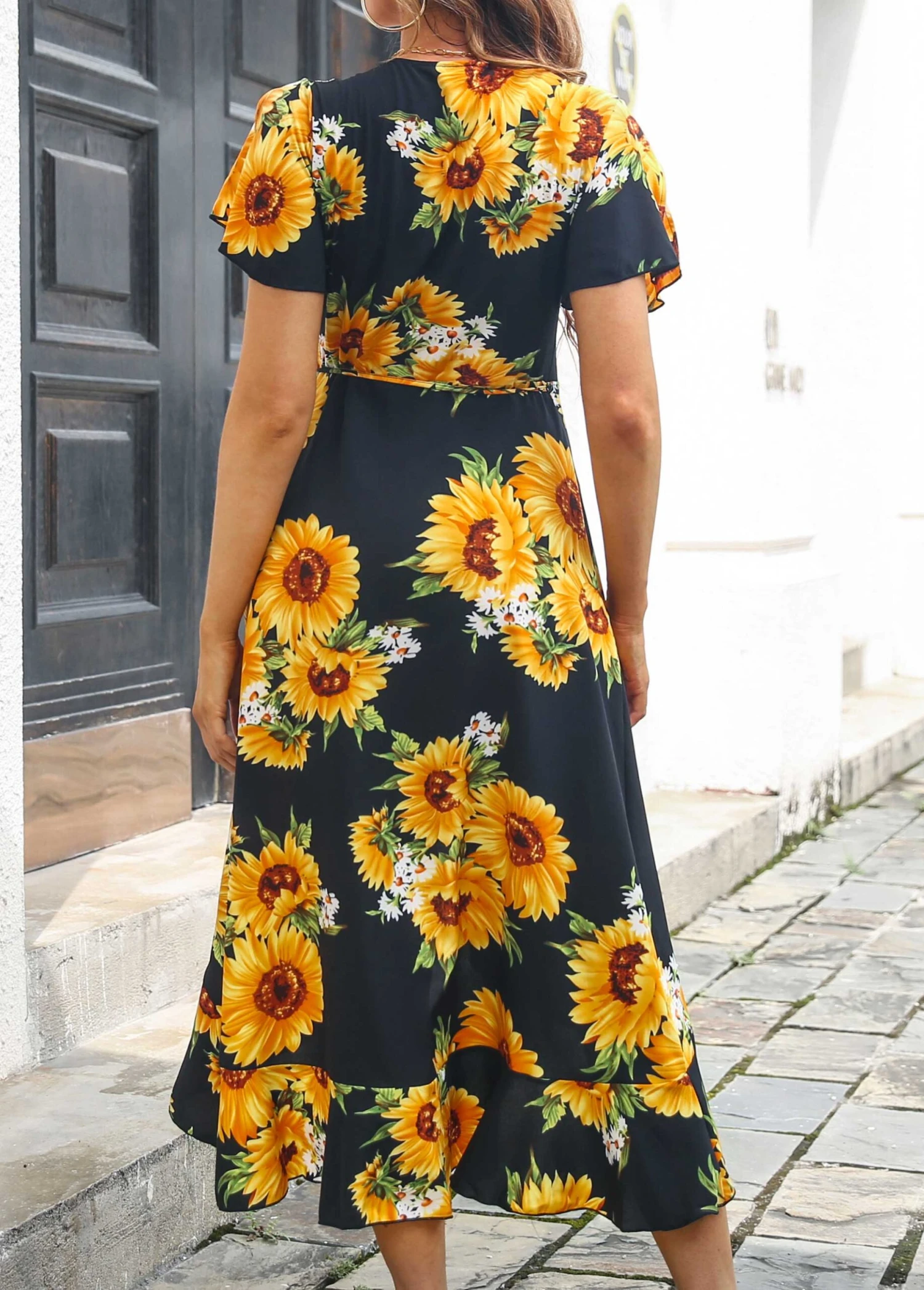 Black Surplice Floral Print Short Sleeve Dress 2 Black Surplice Floral Print Short Sleeve Dress - Image 2