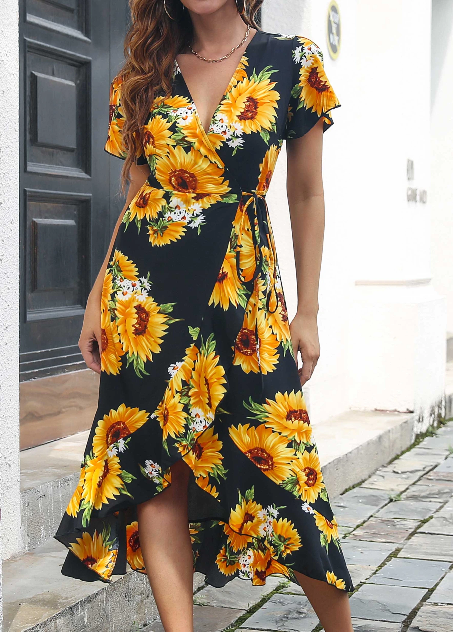 Black Surplice Floral Print Short Sleeve Dress 4 Black Surplice Floral Print Short Sleeve Dress - Image 4