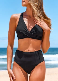 Criss Cross Black Wide Strap Bikini Set