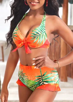 Bowknot Mid Waisted Leaf Print Orange Bikini Set -Elegance Swimwear Store 323663 P 16741238290032
