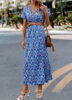Blue Split Paisley Print Belted Dress -Elegance Swimwear Store 323694 P 16757538902692