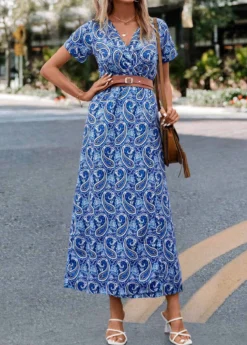 Blue Split Paisley Print Belted Dress -Elegance Swimwear Store 323694 P 16757538903535