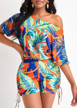 Multi Color Drawstring Leaf Print Romper