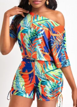 Multi Color Drawstring Leaf Print Romper -Elegance Swimwear Store 323824 P 16770618885022