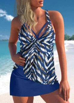 Criss Cross Animal Print Blue Tankini Set