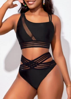 Asymmetry Black Mesh Stitching Bikini Set -Elegance Swimwear Store 324183 P 16734262331022
