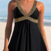 Patchwork Black Wide Strap Swimdress Set
