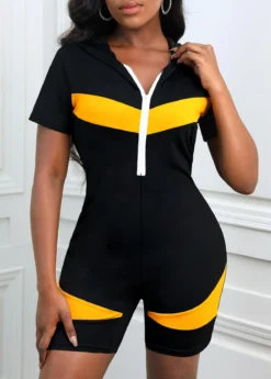 Black Zipper Short Hooded Skinny Romper