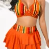 Layered High Waisted Multi Stripe Print Orange Bikini Set