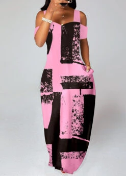 Plus Size Pink Pocket Graffiti Print Maxi Dress
