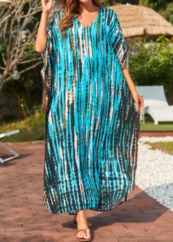 Tie Dye Print Cyan Side Slit Cover Up Dress 10 Tie Dye Print Cyan Side Slit Cover Up Dress -Elegance Swimwear Store 325541 P 16780904702264