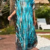 Tie Dye Print Cyan Side Slit Cover Up Dress