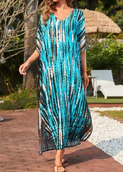 Tie Dye Print Cyan Side Slit Cover Up Dress