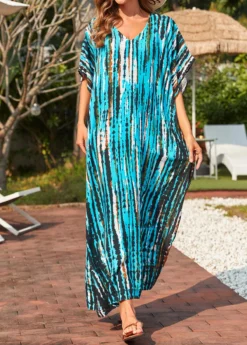 Tie Dye Print Cyan Side Slit Cover Up Dress 11 Tie Dye Print Cyan Side Slit Cover Up Dress -Elegance Swimwear Store 325541 P 16780904703325
