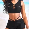 Cut Out Mid Waisted Black Bikini Sets