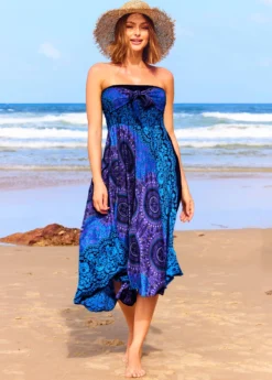 Smocked Tribal Print Blue Beach Skirt -Elegance Swimwear Store 325641 P 16759907545115