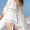 Tassel Hem White 3/4 Sleeve Cover Up