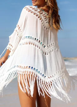 Tassel Hem White 3/4 Sleeve Cover Up