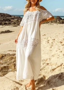 Lace Stitching White Round Neck Cover Up -Elegance Swimwear Store 325669 P 16757673454734