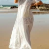 Lace Stitching White Round Neck Cover Up