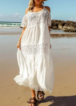 Lace Stitching White Round Neck Cover Up -Elegance Swimwear Store 325669 P 16757673459762