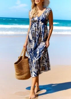 V Neck Leaf Print Blue Cover Up -Elegance Swimwear Store 325671 P 16757668537952